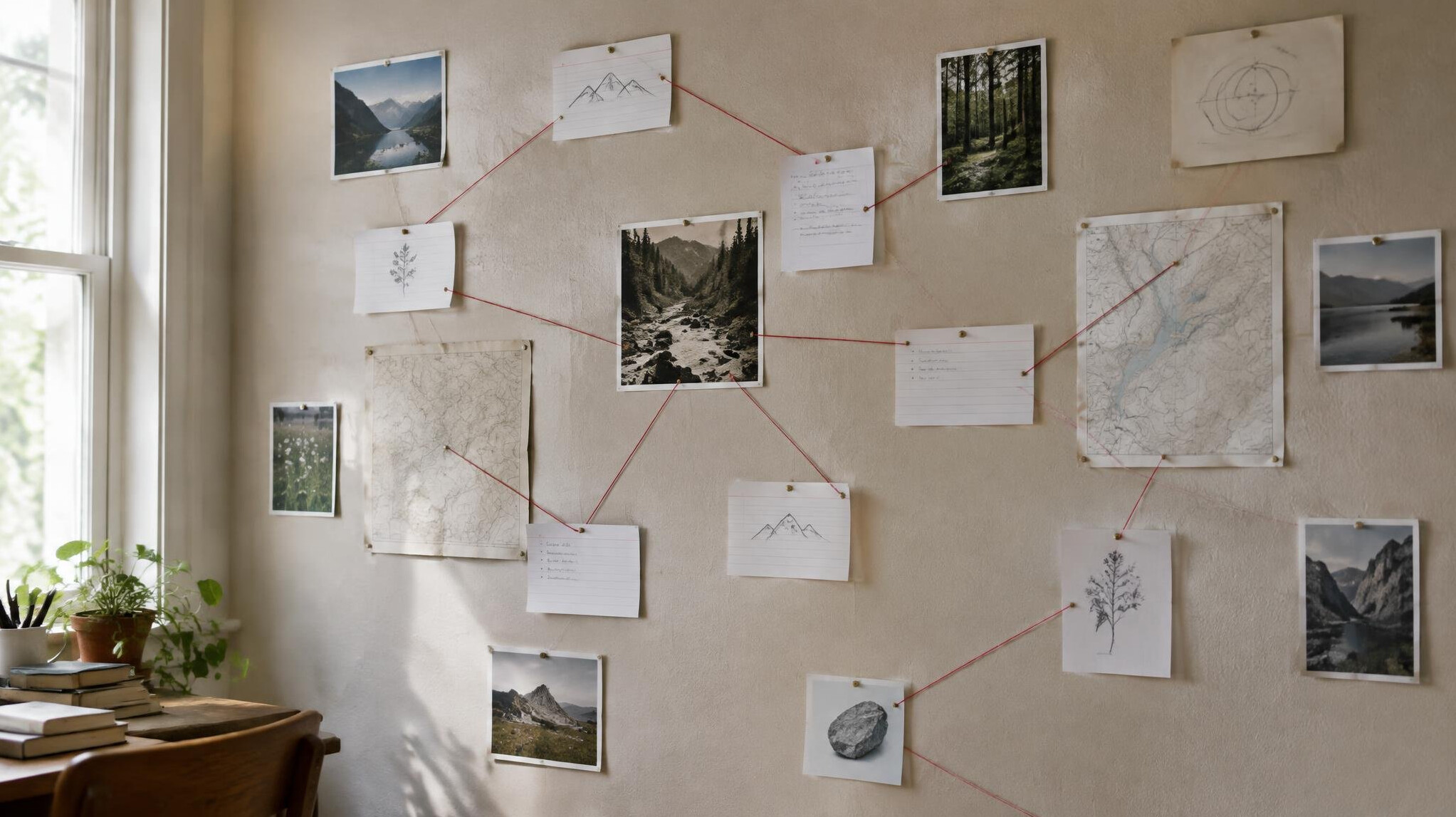 Wall with pinned research notes and index cards