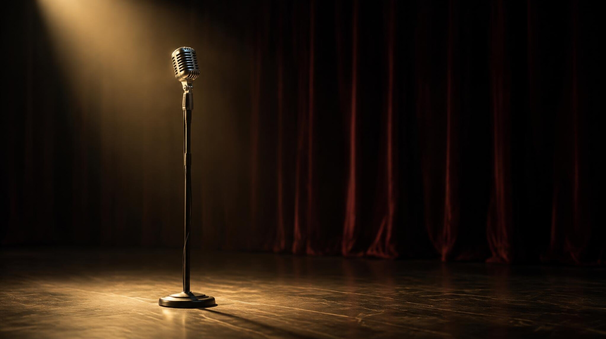 Vintage microphone on an empty stage under warm spotlights